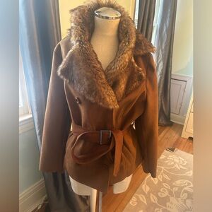Chico’s suede look, caramel color, belted jacket with fur collar. Size 2 or XL